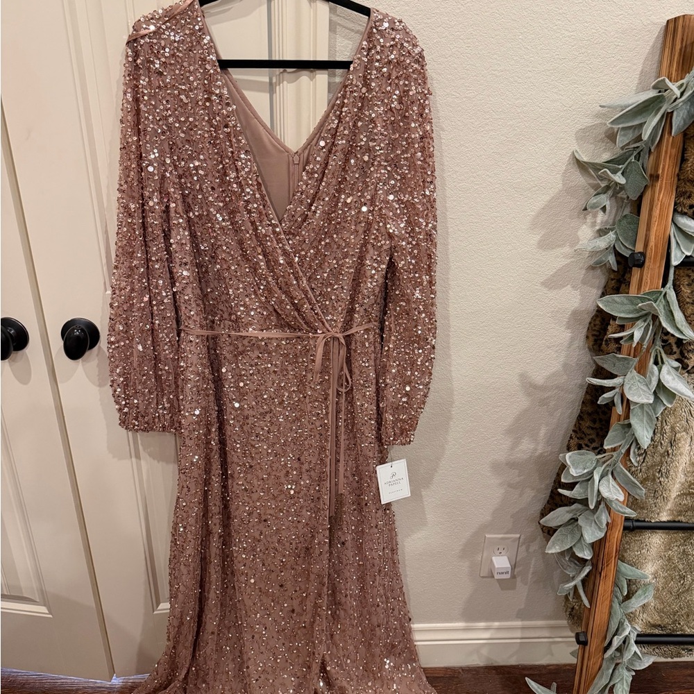 Adrianna Papell Sequin Long Sleeve Wrap Maxi Dress - Rose Gold - Picture 2 of 6